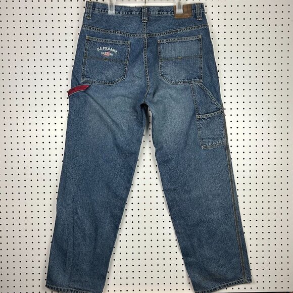 US Polo Assn‎ Baggy 90s Carpenter Jeans 36x34 USA Patch Flag Work Wear Blue Y2K - Picture 1 of 9